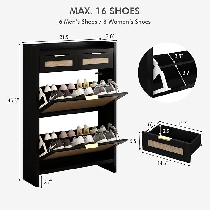 Shoe Organizer Cabinet Storage for Entryway - Slim Rattan Shoe Rack for Front Door Entrance, Narrow Hidden Shoe Cabinet with Flip Drawers, Boho Shoe Holder Cabinet, Two Doors, Black