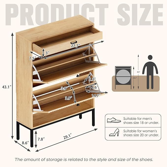 Brafab Shoe Storage Cabinet with 2 Flip Drawers&1 Small Drawer, Slim Entryway Shoe Organizer with Fluted Panel Doors for Sneakers,Light Beige