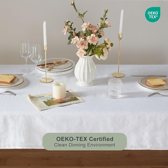TOSMO French Linen Tablecloth, Washable Farmhouse Rectangle Table Cloth for Kitchen, Dining, Party, Cocktail, Indoor and Outdoor Daily Use(60''x120'',White)