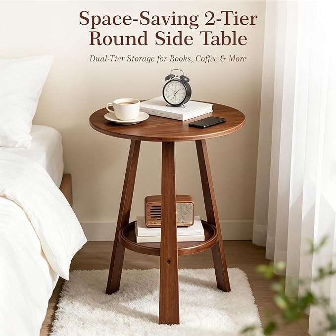 Bamboo Round End Table with Storage Shelf, 2-Tier Mid-Century Modern Accent Table, Small Space Side Table Nightstand for Living Room Bedroom Sofa