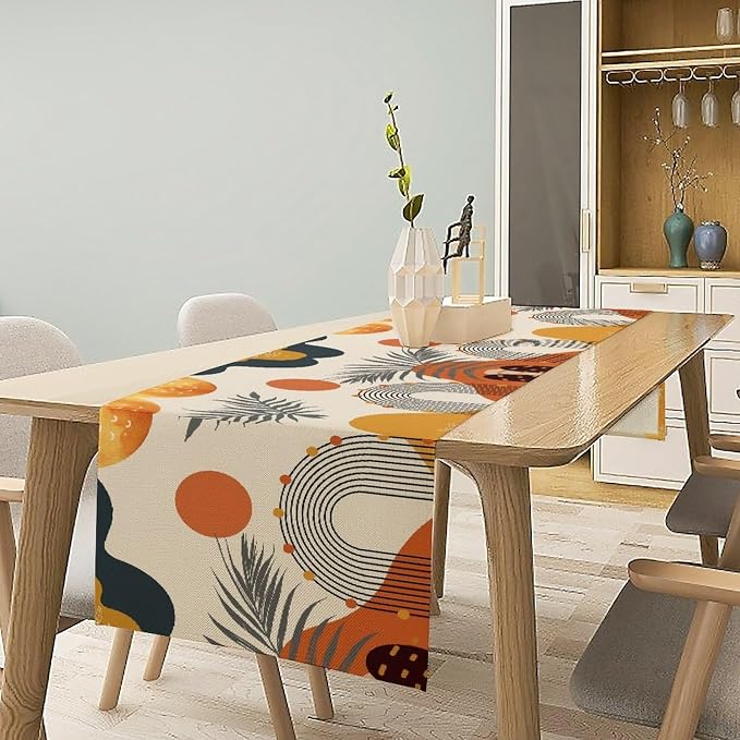 YCness Boho Leaf Table Runner, Mid Century Modern Minimalism Palm Tropical Leaf Table Runner for Living Room Bedroom Kitchen Laundry Room Abstract Geometric 13x60 Inch, Orange