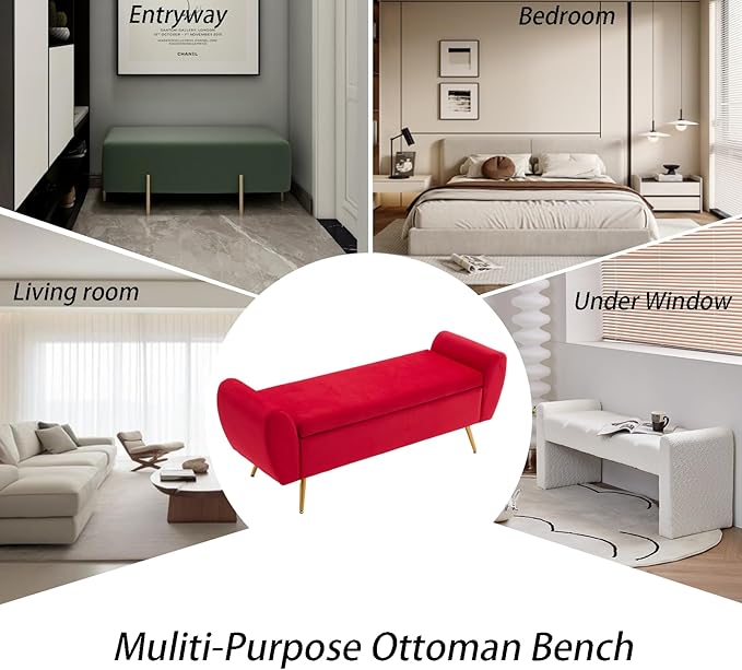 Storage Bench for Bedroom, 55" Extra Long Bench for King Size Bed, Modern Upholstered End of Bed Ottoman Bench with Arms for Entryway Living Room (Velvet, Fuchsia Red)
