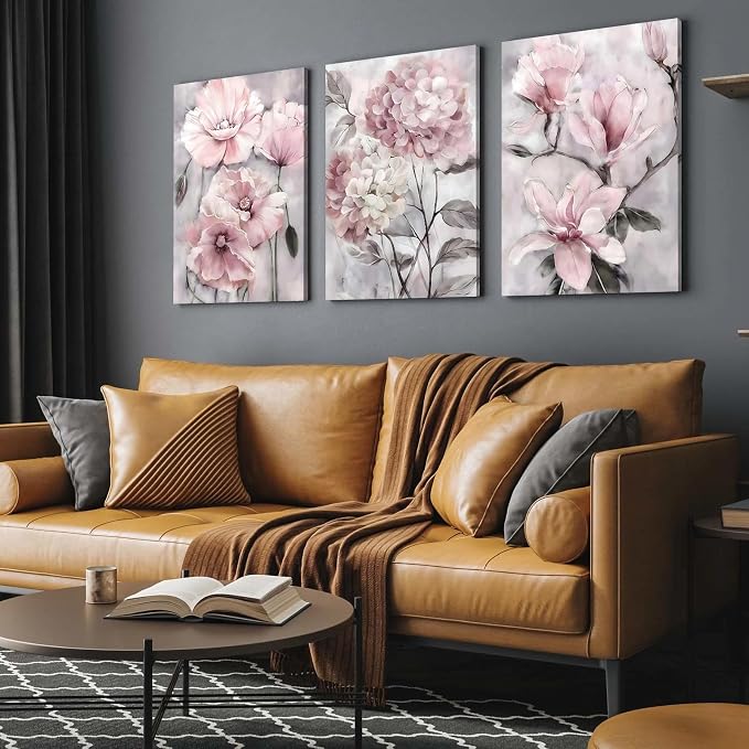 3 Piece Wall Art Framed Canvas Wall Art Neutral Pink Flower Pictures Wall Decor Modern Floral Artwork for Living Room Bedroom Bathroom Office – Ready to Hang with Hooks and Nails, 12x16 Inch
