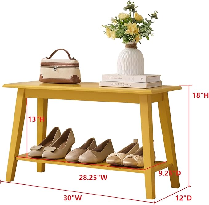 Kings Brand Furniture Delphi Wood Entryway Bench with Storage Shelf – Modern Accent Seating for Hallway, Bedroom, Living Room or Narrow Space-Saving Shoe Bench (Banana)