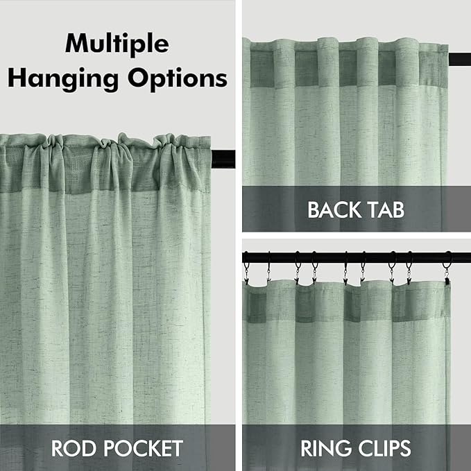 ANRODUO Sage Green Linen Curtains 96 inches Long 2 Panels for Bedroom Living Room Back Tab Semi Sheer Privacy Linen Burlap Drapes Pale Green Neutral Modern Long Curtains for Sliding Glass Door