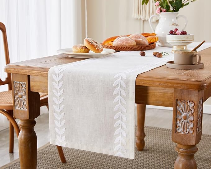 Wracra Embroidered Table Runner Irregular Willow Leaf Table Runners 90 Inches Long for Dresser Home Dining Table Decor,14 x 90 Inch, White