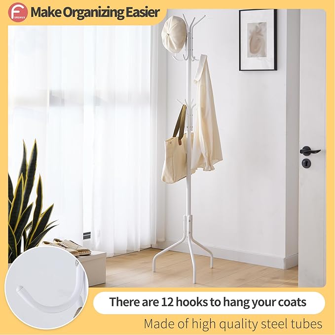 Coat Rack Freestanding for entryway,Living Room,Bedroom,Metal coat tree with12 Hooks and 3 Legs,hat stand (White)