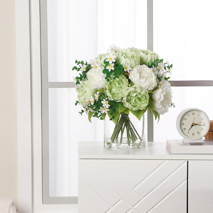 White & Green Mixed Peonies Bouquet, Silk Faux Peony with Glass Bottle and Faux Water for Home Decor Wedding Bouquets Table Centerpieces