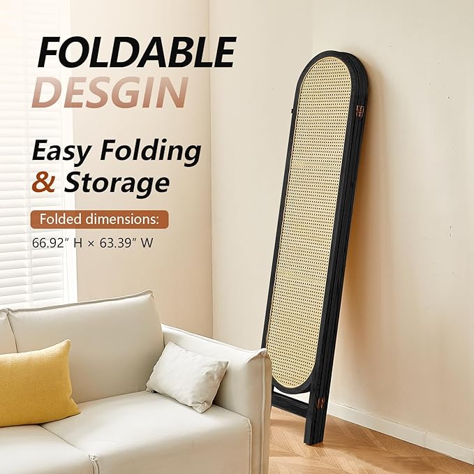 4 Panel Room Divider, Hand-Woven Rattan Room Divider Screen, Folding Privacy Screens with Double Hinges, Wooden Freestanding Wall Divider for Room Separation Bedroom Home Office - Black