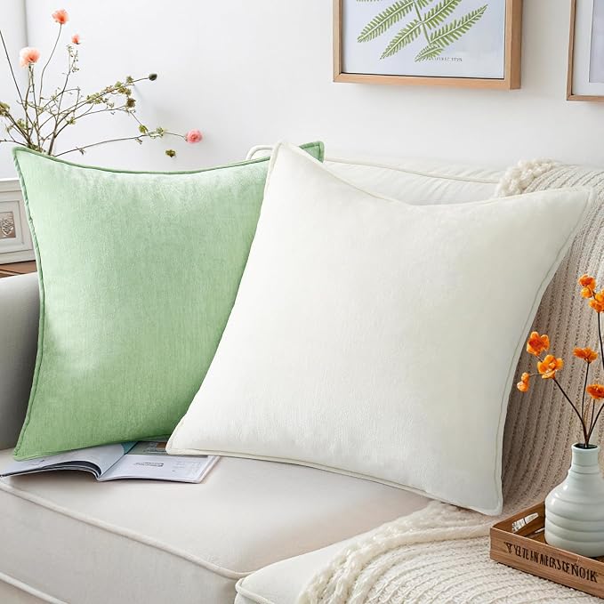 decorUhome Summer Couch Throw Pillow Covers 18x18 Set of 2, Decorative Soft Velvet Modern Cozy Chenille Pillow Cases with Elegant Design for Sofa Bed Living Room Home Decor, Cream White