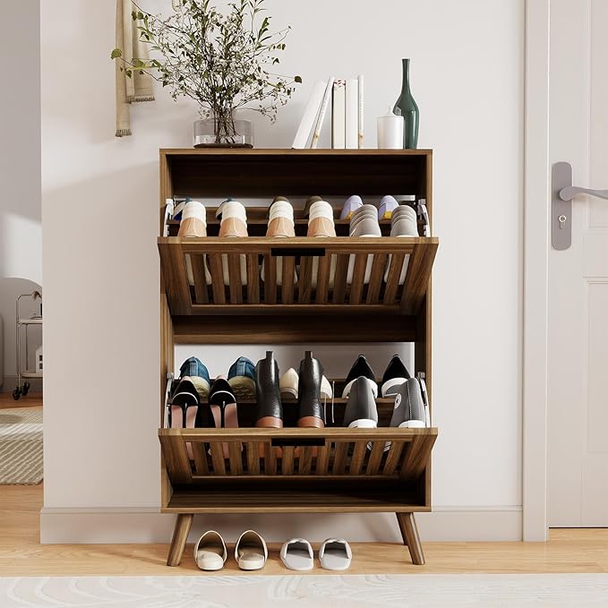 Spaco Walnut Shoe Cabinet for Entryway,Narrow Shoe Storage Cabinet with 2 Flip Drawer and Solid Wood Leg,Freestanding Slim Shoe Organizer for Entryway, Hallway