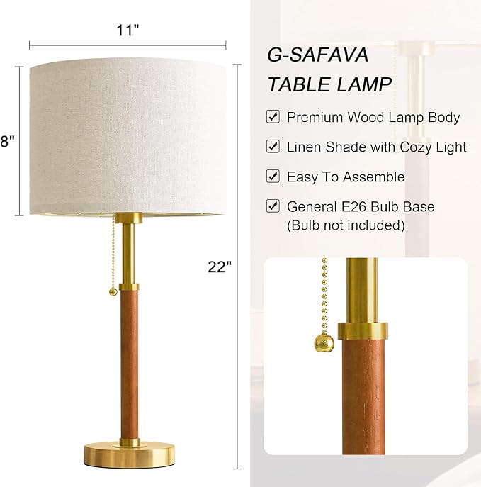 G-SAFAVA 22" Wood Table Lamps Mid Century Modern Lamp for Bedroom Living Room Bedside Lamps for Night Stands Nightstand Lamp with Pull Chain Gold Small Side End Table Lamps Set of 2 Vintage Deco Gifts