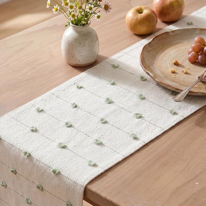 Artoid Mode Sage Green Boho Farmhouse Cotton Woven Table Runner, Seasonal Spring Summer Kitchen Dining Table Decoration for Home Party Decor 12x60 Inch