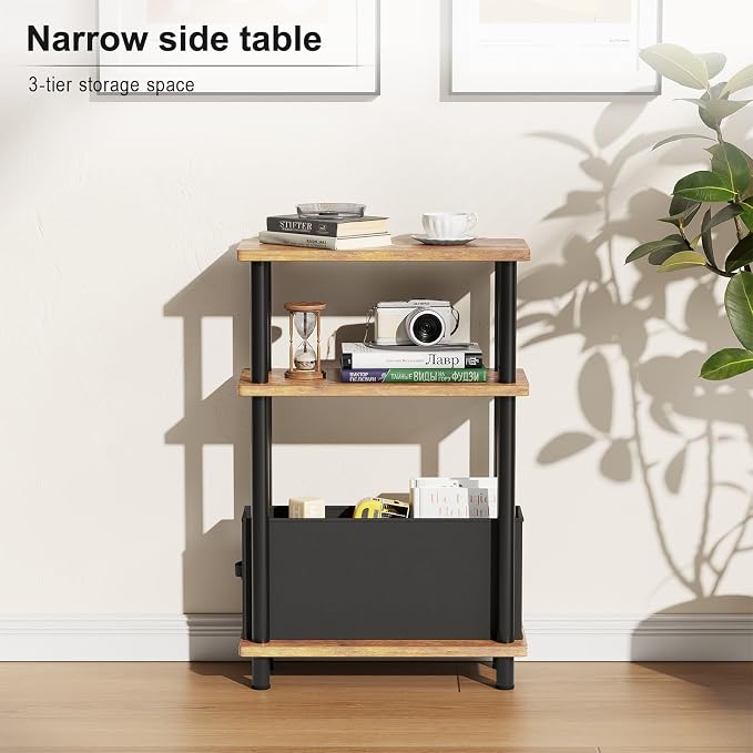 Apicizon Small Narrow Side Table, 3-Tier Skinny End Table for Small Spaces, Slim Nightstand with Fabric Basket, Bedside Table for Living Room, Bedroom, Rustic Brown and Black