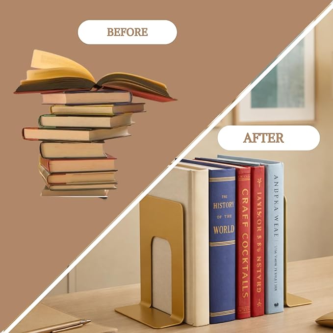Alessk Gold Metal Bookends for Shelves – Heavy Duty Decorative Bookends for Heavy Books – Modern Book Ends for Home Office Bookshelf – 1 Pairs (2 Pieces)