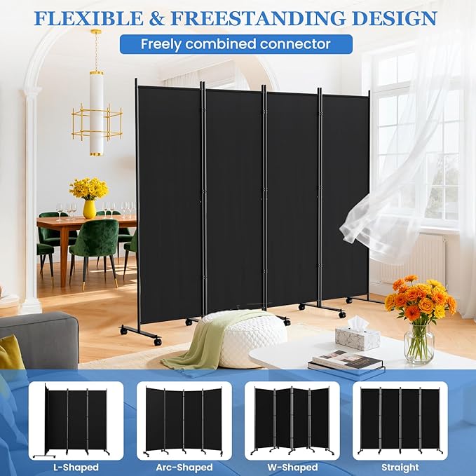 SUNALLY Room Divider 6FT Folding Privacy Screens with Lockable Wheels, 4 Panel Room Partition for Room Separator, 88" W Freestanding Portable Fabric Wall Dividers for Home Dorm Studio Office, Black