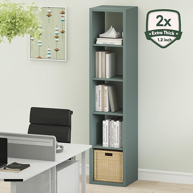 Furinno Cubicle Book Shelf, Vertical 5-Cube Bookshelf, Extra Thick Horizontally & Vertically Reversible Bookcase with Open Back, 14.6" x 16" x 72", for Living Room, Bedroom, Home Office, Sage Green