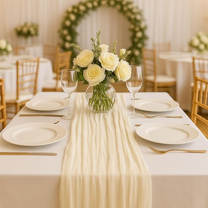 6 Pack Beige 10FT Cheesecloth Table Runner –120 Inch Soft Gauze Boho Table Runners for Baby Shower, Coastal Wedding, Modern Rustic Party Decor