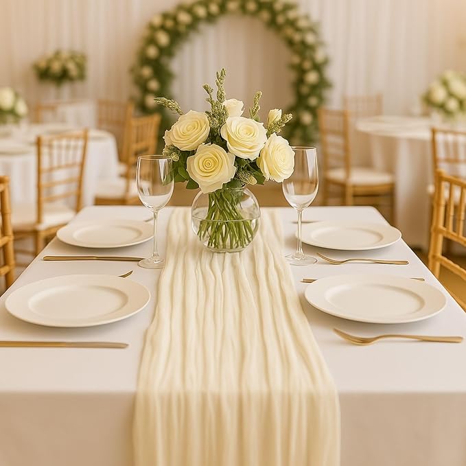3 Pack Beige 10FT Cheesecloth Table Runner –120 Inch Soft Gauze Boho Table Runners for Baby Shower, Coastal Wedding, Modern Rustic Party Decor