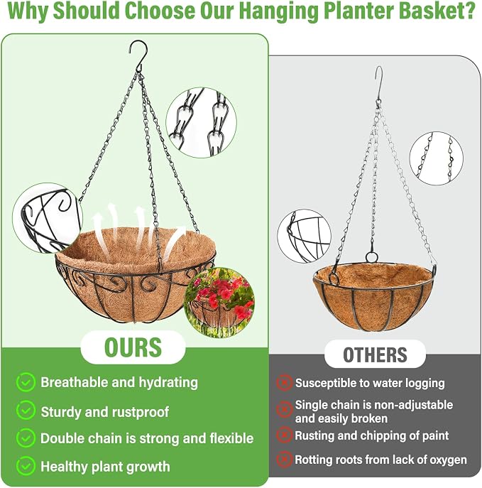 Legigo 2 Pack 14 Inch Metal Hanging Baskets for Plants Outdoor- Wire Round Hanging Planters Basket with Coconut Coir Liner, Hanging Flower Pot for Outdoor Plants Flowers Garden Decorations