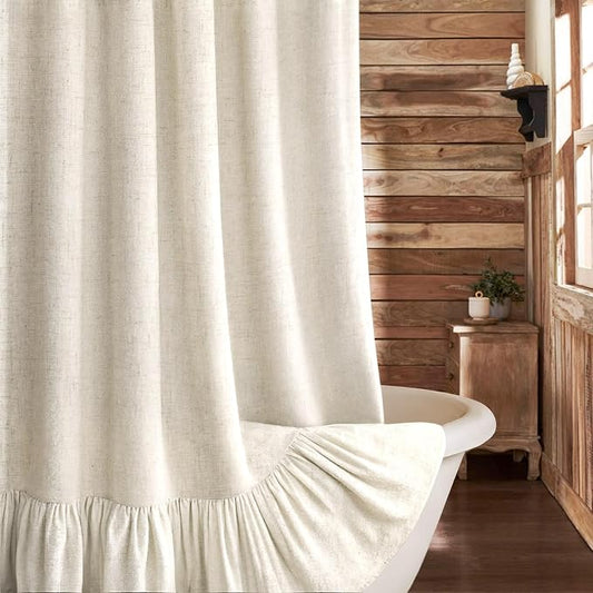 Farmhouse Shower Curtain with Ruffle Hem Linen Cream Shower Curtains for Bathroom Country Vintage Rustic Natural Fabric, 72" W x 78" L