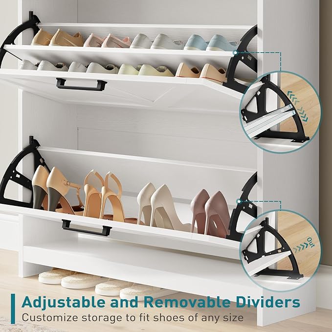 Farmhouse Shoe Cabinet with Coat Rack, Tall Shoe Cabinet with 2 Flip Drawers, Narrow Hidden Shoe Storage Cabinet, 2 in 1 Hall Tree Slim Freestanding Shoe Rack Organizer for Entryway, LED Light, White