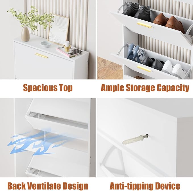 JOZZBY Shoe Cabinet Storage with 3 Flip Drawers for Entryway, White Slim Freestanding Modern Narrow Shoe Organizer Rack Cabinet for Hallway, Living Room