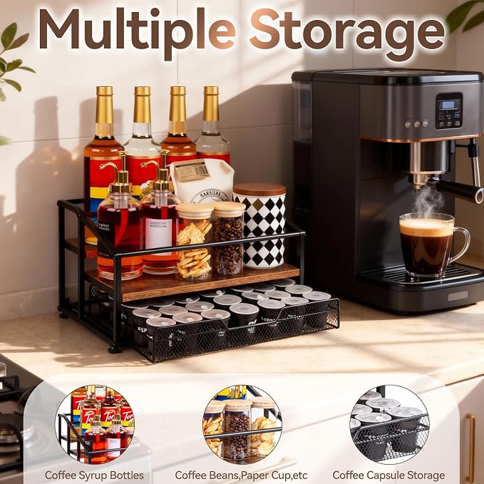 kimilus Coffee Syrup Rack Organizer, 3-Tier 8 Bottle Syrup Rack with 35 K Cup Drawer for Coffee Bar, Countertop Bottle Holder Stand for Dressing for Kitchen Cafe Station