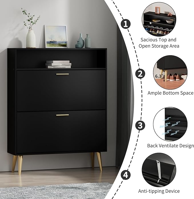 JOZZBY Shoe Cabinet for Entryway Slim Set of 2, Black Shoe Rack with 2 Flip Drawers and Top Storage, Hidden Shoe Storage Narrow Shoe Cabinet for Entryway, Hallway, Living Room