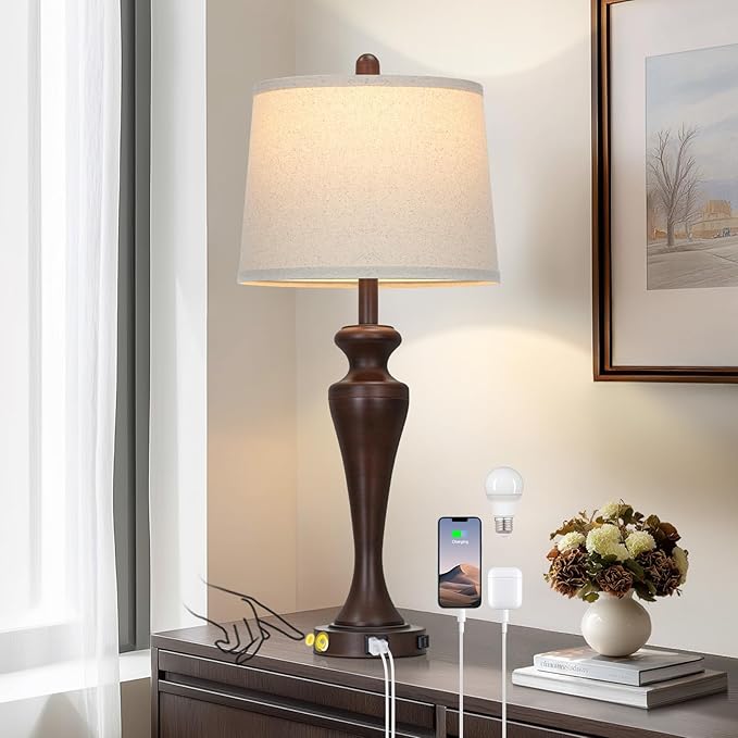 30" Brown Table Lamp Single, 3-Way Touch Control Bedside Lamp with USB A+C Ports and AC Outlet, Tall Living Room Lamps for End Table, Elegant Coffee Bedroom Lamps for Night Stand