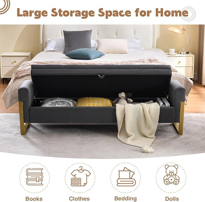 67" End of Bed Storage Bench King Size, Velvet Storage Bench for Bedroom Foot of Bed, Upholstered Storage Ottoman Bench with Gold Legs for Window Living Room Entryway, Dark Grey