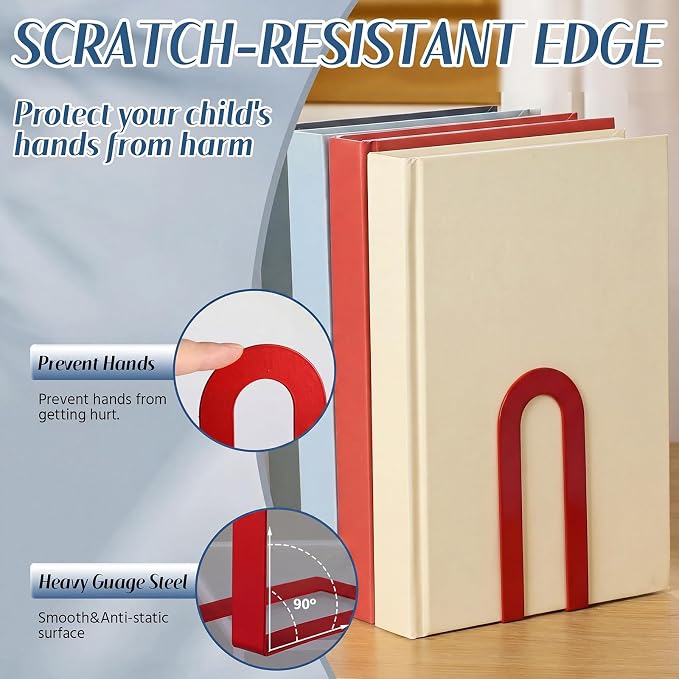 Chunful 12 Pcs Modern Metal Book Ends for Shelves Decorative Small Bookends Book Shelf Organizer Minimalist Design Stopper to Hold Books for Home Office (Red,5.5 * 3.75 * 2.25inch)