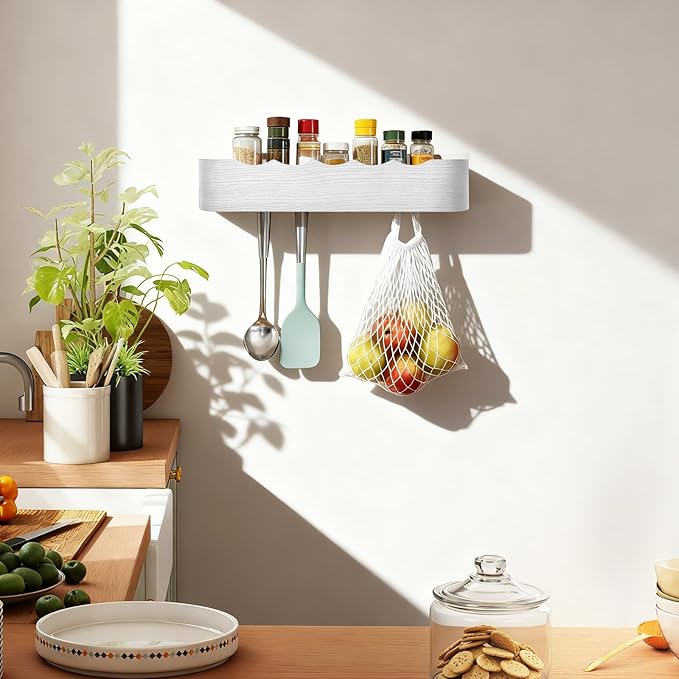 Coat Rack Wall Mount with Shelf Entryway Shelf Modern Key Holder Hanger Wall Shelves with Hidden Hooks for Hanging Towels Coats Hats Bags for Hallway Bathroom Bedroom (Wavy White, 5 Hooks)