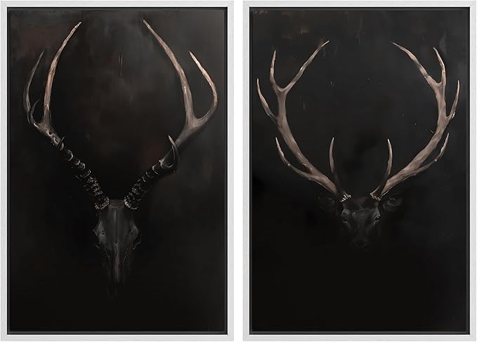 SIGNWIN Framed Canvas Print Wall Art Rustic Antler Skull Dark Dramatic Black Vintage-Inspired Deer and Elk Antlers Illustrations Decorative for Living Room, Bedroom, Office - 16"x24"x2 White