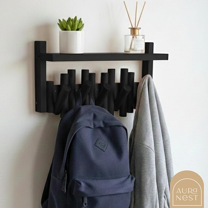 Bamboo Wall Mounted Coat Rack with Shelf Flip Down Wooden Hooks for Entryway Hallway Bedroom | Matte Black Piano Hanger, 5 Hooks, Space Saving Organizer