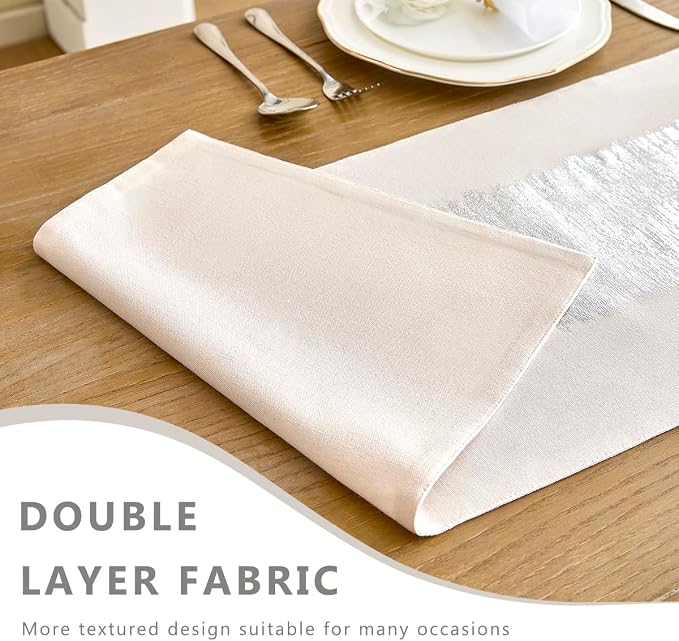 Metallic Style Table Runner, Cotton and Linen Silver Table Runners 90 inches Long,Pre-Pressed Metal Striping Process, Birthday Wedding Decorations for Home Living Room Decor(Silver, 13"x90")