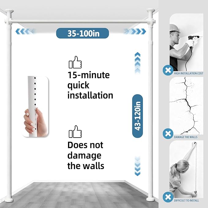 AJAZZ Room Divider Curtain Rod, No Drilling Room Separator for Space Partition Adjustable (H) 43-120×(W) 35-100 inch Heavy Duty Temporary Wall Divider Floor to Ceiling Tension Rod, White