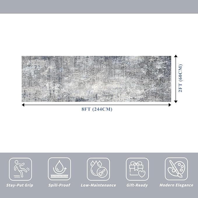 2x8 Washable Non-Slip Hallway Runner Rug – Modern Coastal Abstract Neutral Stain-Resistant Low-Pile Carpet Runner for Kitchen Entryway Bedroom Bathroom (Blue Gray,2x8)