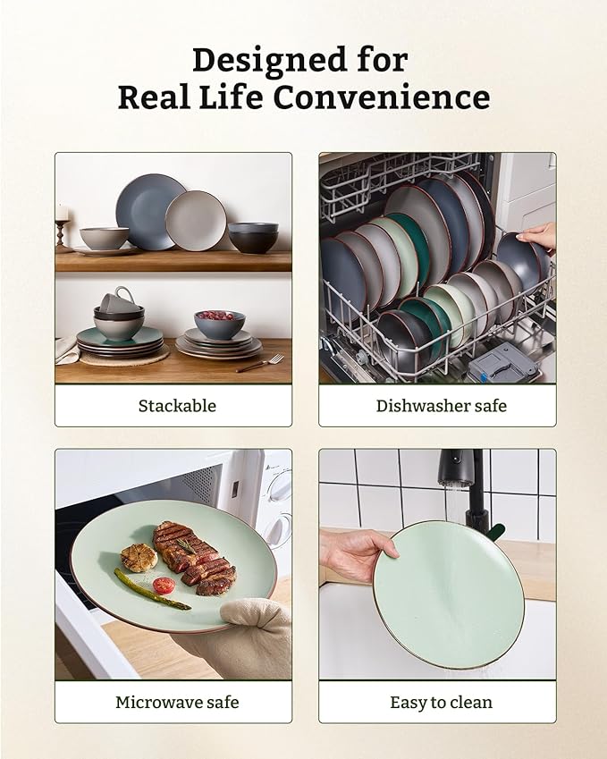 Famiware Venus Plates and Bowls Sets, 18 Pieces Stoneware Speckled Dishes Dinnerware Set for 6, Light Green - Microwave & Dishwasher Safe, Modern Minimalist, for Everyday Meals & Formal Dining