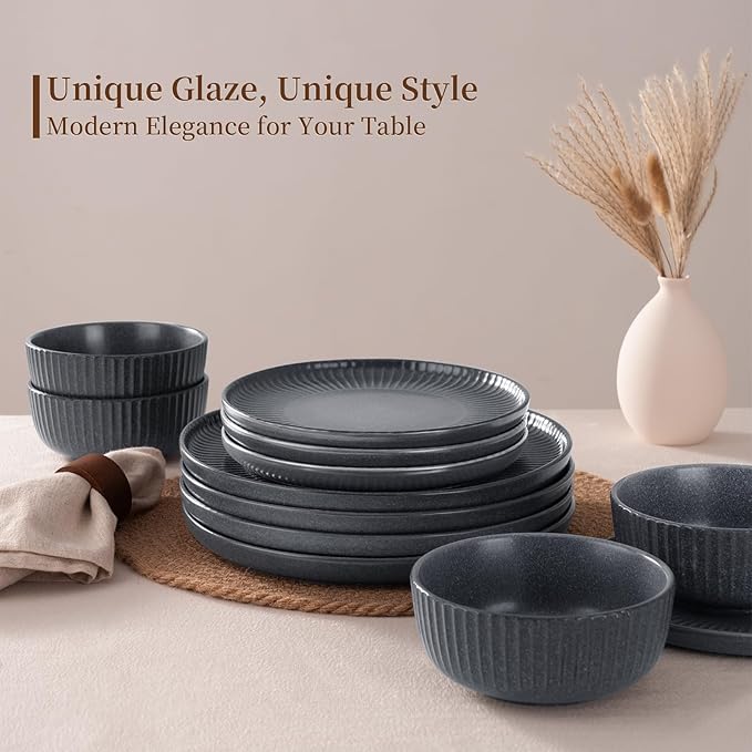 Famiware Starlight 12-Piece Plates and Bowls Sets for 4, Stoneware Dinnerware with Ribbed Textured, Handcrafted Reactive Glaze Dishes - Dishwasher & Microwave Safe, Chip/Scratch Resistant, Matte Grey