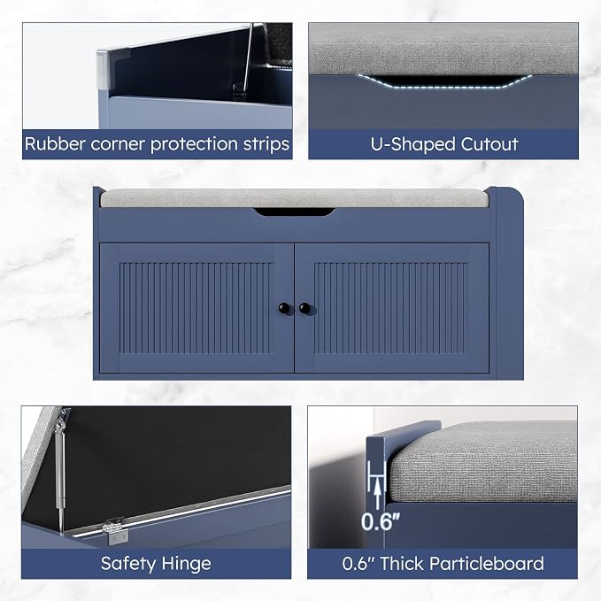 39.4" Storage Bench - Entryway Shoe Bench with Side Storage Shelves and 2 Doors, Multifunctional Entryway Bench with Lift Top Cushion, Shoe Storage Bench for Bedroom, Living Room, Navy Blue