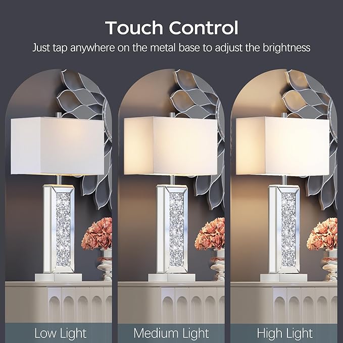 Modern Table Lamp Set of 2 Touch Control, Silver Mirror Big Diamond Crystal Bedside Lamp with USB C+A Ports, 3-Way Dimmable Mirrored Nightstand Lamps White Fabric Shade for Living Room Bedroom
