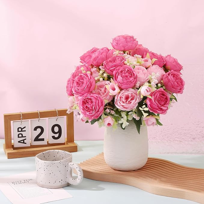 16 Pack Pink,Hot Pink Peonies Artificial Flowers,Fake Silk Hydrangea Bouquet for Bridal Wedding Home Table Decor Reusable Dining Opening Ceremony Birthday Arrangement Faux Floral