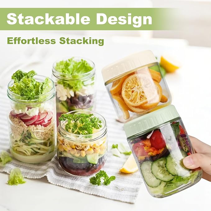 SHOWIN Overnight Oats Containers with Lids, 16oz Glass Jars with Lids 2 pcs, Apricot, Wide Mouth Mason jars for Salad, Yogurt, Snacks, Meal Prep