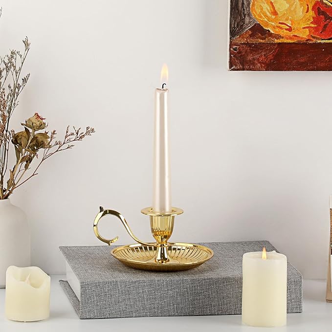 OwnMy 1 Vintage Candlestick Holder Decor, Antique Brass Taper Candle Holder with Carry Handle and Candle Drip Catcher Tray, Eleagnt Taper Candle Stand for Wedding Dining Table Centerpiece, Gold