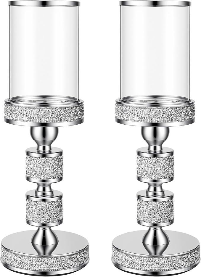 Hurricane Candle Holder, 13.5" Tall Metal Candle Stand, Glass Pillar Candle Holders, Crystal Silver Decorative Centerpieces for Table, Wedding and Dining Room (Fits Candles up to 3"x5", 2pcs, M)