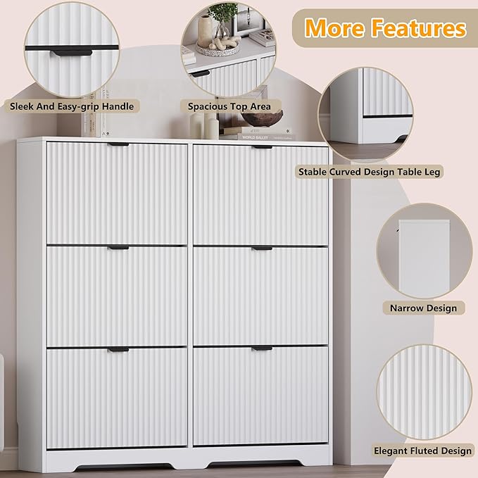 BORNOON Large Shoe Cabinet for Entryway, Tall Narrow Shoe Storage Cabinet with 6 Flip Drawers and Adjustable Shelves, Shoe Rack Cabinet Organizer for Hallway, Foyer, Small Apartment