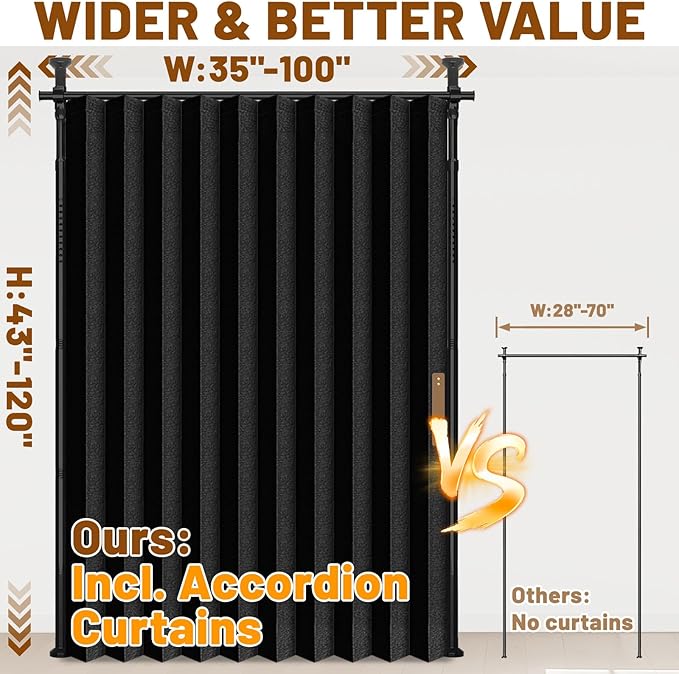 AJAZZ Room Divider Curtain (Black, W100 x L96 in, 1 Panel)+ Tension Curtain Rod No Drilling (H) 43-120×(W) 35-100 in, for Privacy/Soundproof Curtains, Heavy Duty Wall Separator