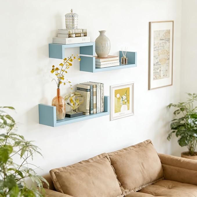 SRIWATANA Floating U Shelves Wall Mounted, Solid Wood Wall Shelves Set of 3 (Blue)