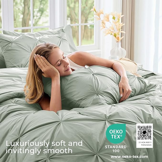 Sasttie King Size Comforter Set, 7-Piece Bed in a Bag, Pintuck Bedding Sets for All Season, Includes Comforter, Flat Sheet, Fitted Sheet, Pillowcases and Pillowshams, Dusty Green